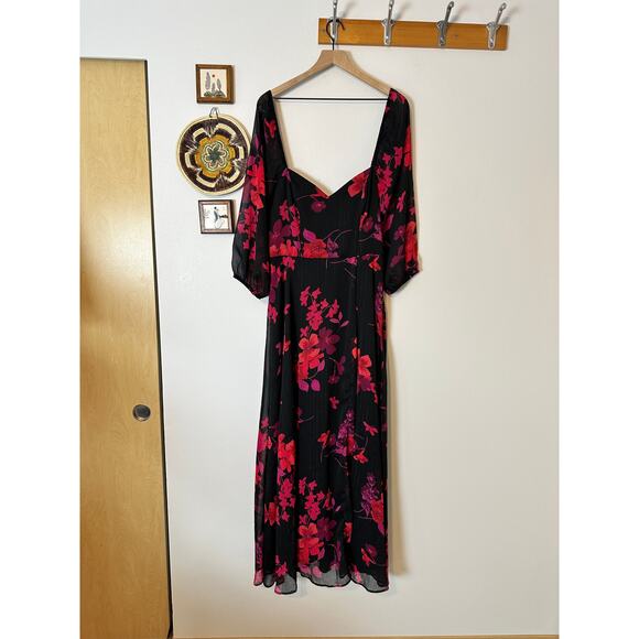 Rebecca B. Women’s Sz 12 3/4 Sheer Sleeve Floral Maxi Dress Black Red Formal - Picture 2 of 10
